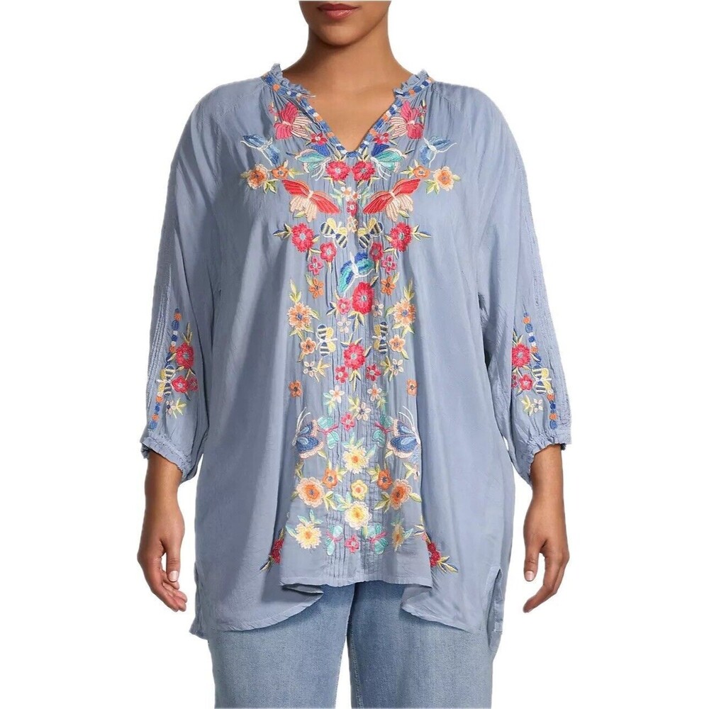 F. Johnny Was 2X Tunic Multicolor Blouse 3/4 Sleeve Round Neck NWT $295